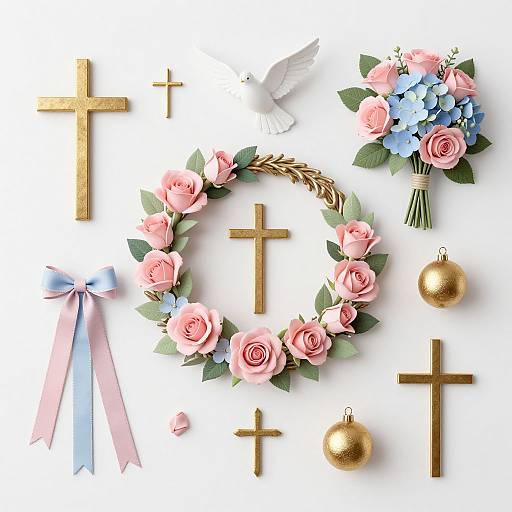 Photograph of a white background featuring a flower crown, pink roses, blue hydrangeas, gold cross, golden ornaments, dove, and blue ribbon