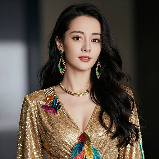 Photograph of an East Asian woman with long black hair, wearing a glittering gold V-neck top, green and gold earrings, and colorful feather accents