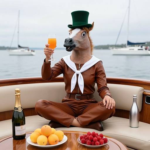 Digital artwork of a horse-headed person in nautical attire, wearing a green top hat, sitting cross-legged on a boat, holding an orange drink,