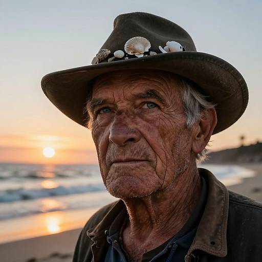 Photograph of an elderly man with weathered skin, gray hair, and deep wrinkles, wearing a brown hat adorned with white flowers, against a sunset