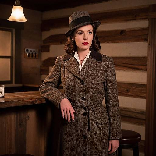 Vintage photograph of a fair-skinned woman with red lipstick, dark wavy hair, wearing a brown herringbone coat and gray hat, standing in