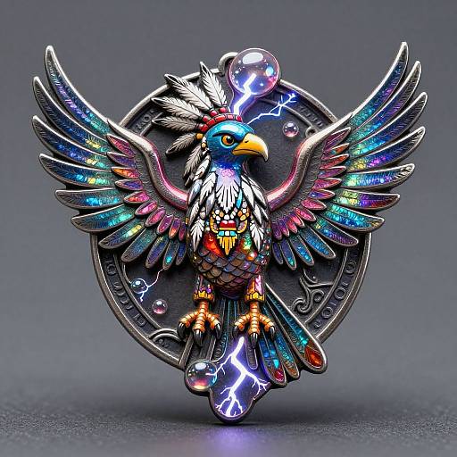 Vibrant digital art of a multicolored, electric-feathered eagle with lightning bolts, standing on one leg, against a metallic circular background