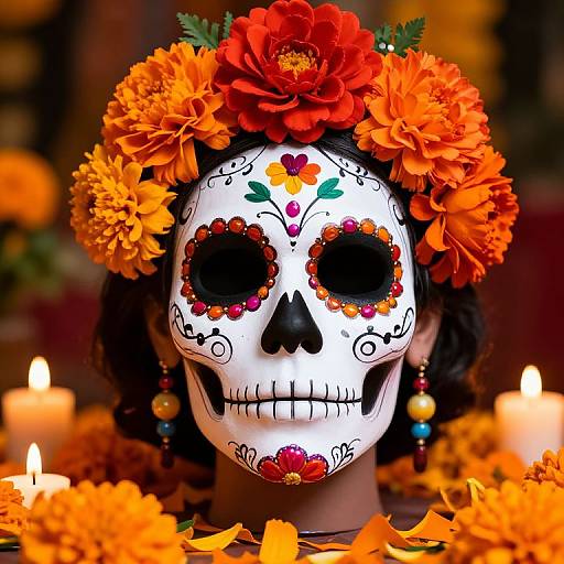 Photograph of a white sugar skull with colorful flower decorations, orange and red marigolds, black eye sockets, surrounded by candles and marigolds