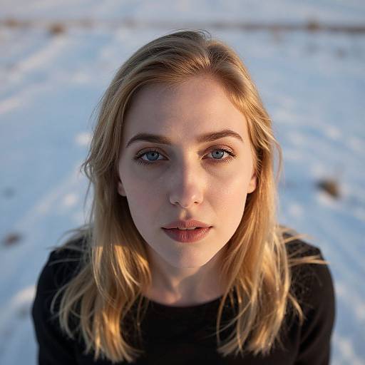 Close-up photograph of a fair-skinned, blonde woman with blue eyes and light makeup, wearing a black top, standing in a snowy landscape at sunset