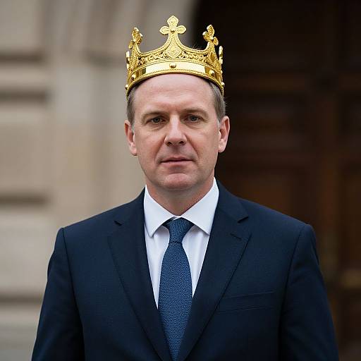 Photograph of a middle-aged man wearing a black suit, white shirt, blue tie, and a gold crown, standing in front of a blurred stone