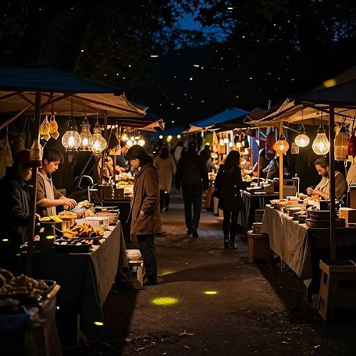 Photograph of a nighttime outdoor market with warmly lit food stalls, hanging light bulbs, and people browsing and eating under blue evening sky.