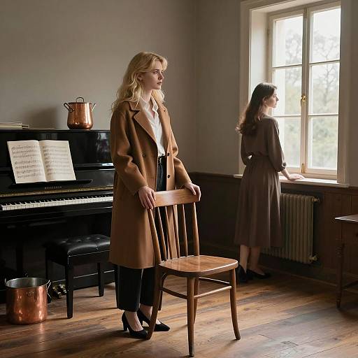 Sunlit Room with Two Women Interacting