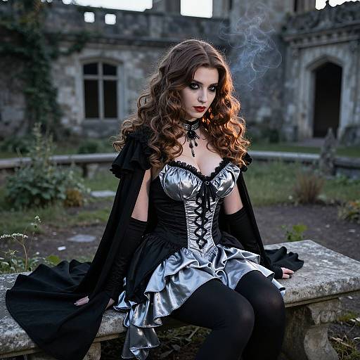 Gothic-style woman with curly brown hair, black and silver corset, and black gloves, sitting on a stone bench in a dilapidated