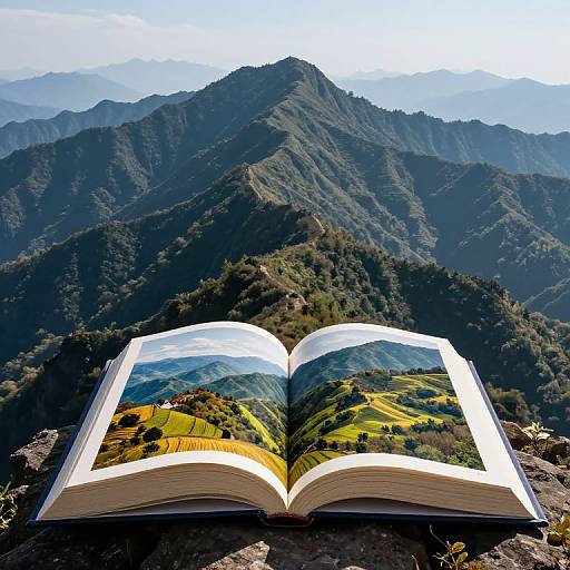 Photograph of an open book with mountain landscape illustrations, placed on a rocky mountain peak, overlooking real, lush, forested mountains.