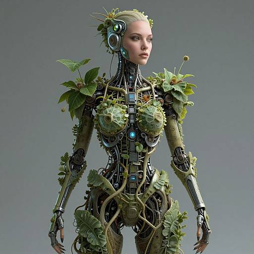 Digital artwork of a cybernetic woman with green plant-like armor, intricate mechanical parts, and glowing blue accents, set against a gray background.