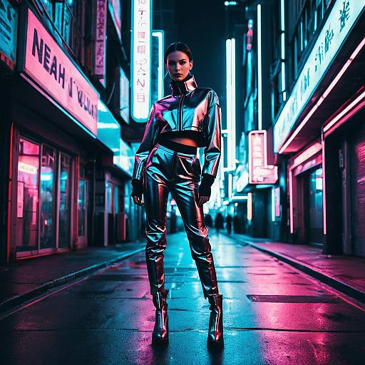 Futuristic Metallic Fashion in Neon City