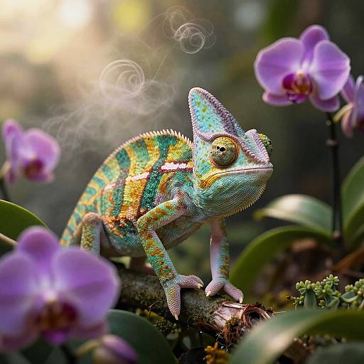 Photograph of a colorful chameleon with iridescent scales, standing on a mossy branch surrounded by purple orchids and green leaves, with soft