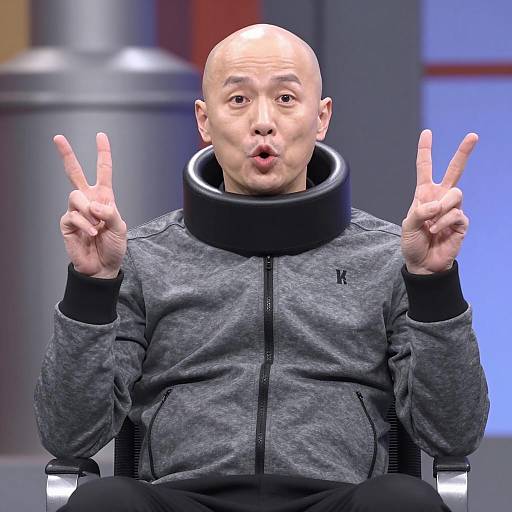 Bald Man Making Double Peace Sign Sitting in Chair