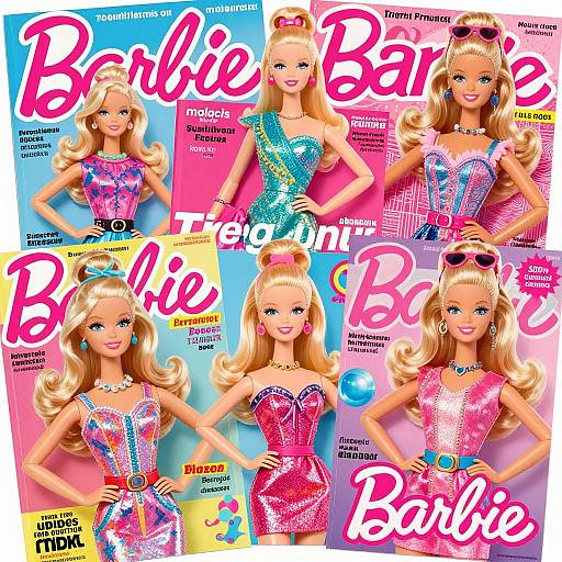 Colorful magazine cover featuring multiple blonde Barbie dolls in sequined dresses, different accessories, and bright backgrounds, with 