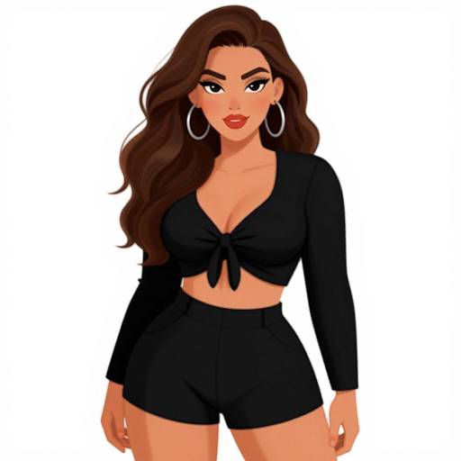 Digital illustration of a confident woman with long brown hair, hoop earrings, black tied crop top, and shorts, against a white background.