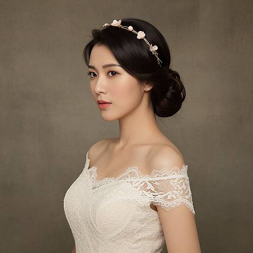 Photograph of an East Asian woman with fair skin, black hair in a bun, wearing a white lace off-shoulder dress and floral headband