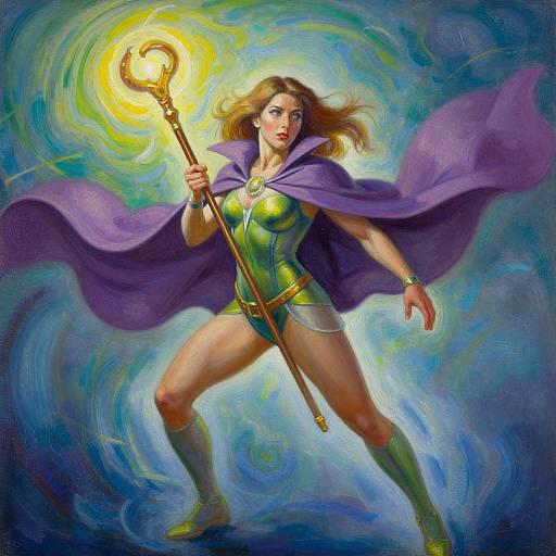 Digital painting of a powerful, blonde witch in a green bodysuit, purple cape, and boots, holding a glowing staff against a swirling blue and