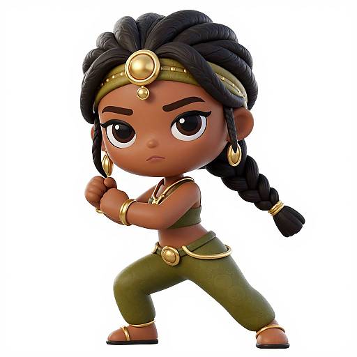 Chibi-style digital drawing of a determined dark-skinned girl warrior with black braids, gold headband, earrings, and green outfit, striking a