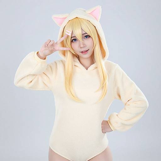 Photograph of a young woman with long blonde hair, cat ears, and a white hoodie, making a peace sign, against a light blue background.