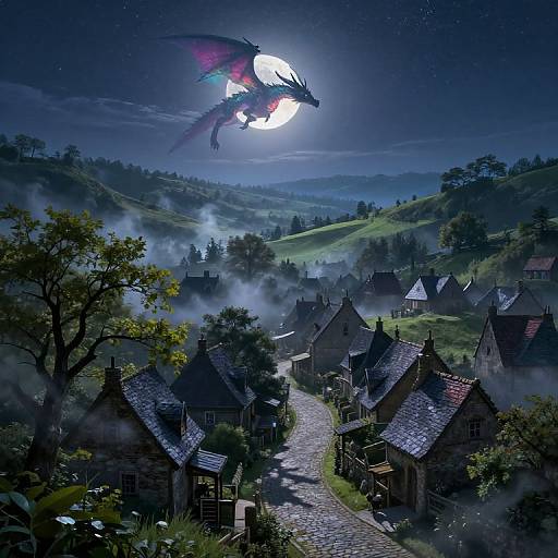 Digital artwork: A glowing dragon with red and white wings soars over a misty, moonlit village of quaint, dark-roofed houses in