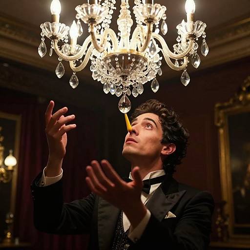 Photograph of a young man in a black tuxedo, hands raised, gazing at a glowing crystal chandelier in an opulent, dim