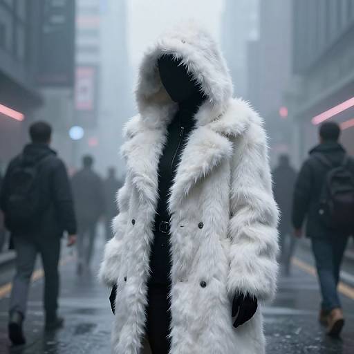 Photograph of a person in a fluffy white fur coat with a black face and hands, standing on a foggy city street at night, surrounded by