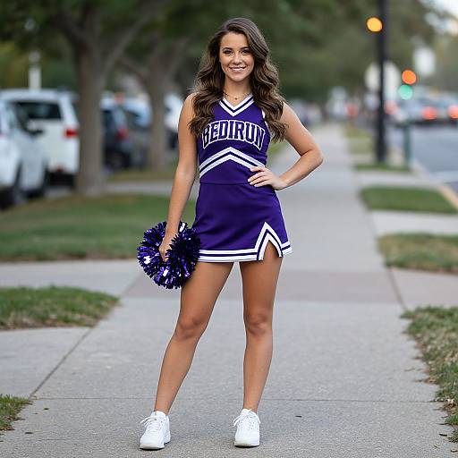 Photograph of a smiling young woman with long brown hair, wearing a navy blue cheerleader dress and white sneakers, holding blue pom-poms, standing
