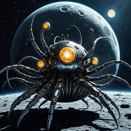 Futuristic Spider-like Robot on Lunar Surface