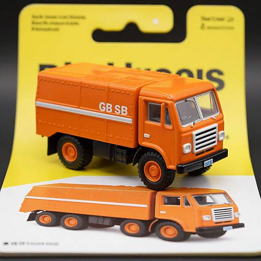 Photograph of two orange LEGO CB trucks: one cabover, one with a flatbed, on yellow packaging background. Bright colors, detailed textures.