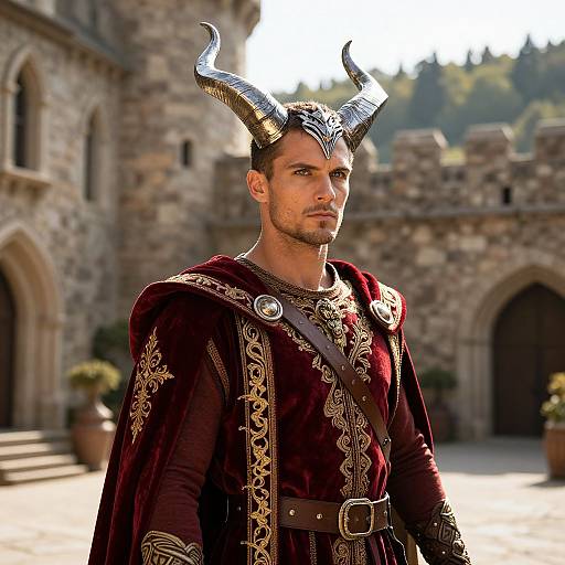 Photograph of a handsome, bearded man with silver horned helmet, wearing a detailed red velvet medieval robe, standing in front of a stone castle