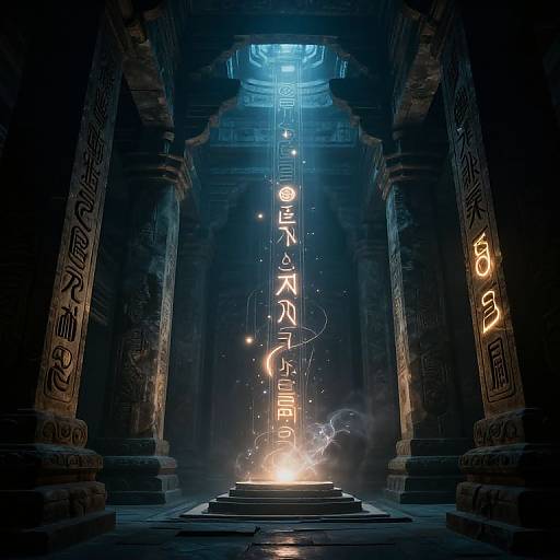 Photorealistic digital art of ancient temple with glowing, illuminated runes, bright central light, and mist, framed by detailed columns.