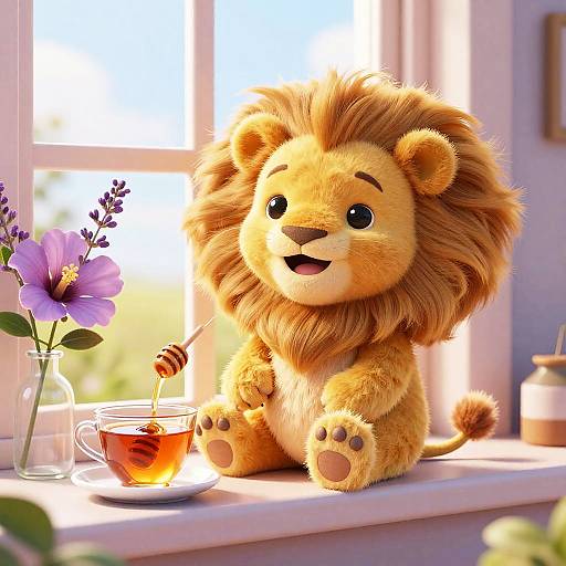 Cute, plush lion with a brown mane sits on a windowsill, holding a honey dipper over a tea cup, with a purple flower in