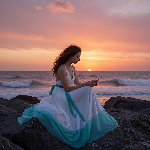 Photograph of a curly-haired woman in a flowing white and turquoise dress, sitting on rocky shoreline, watching a vibrant sunset over the ocean.