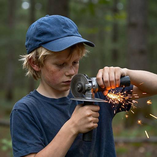 Focused Boy in Forest with Grinder