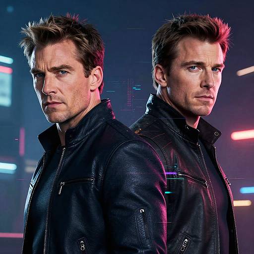 Photograph of two serious, handsome Caucasian men with spiky brown hair, wearing black leather jackets, back-to-back, against a neon-lit,