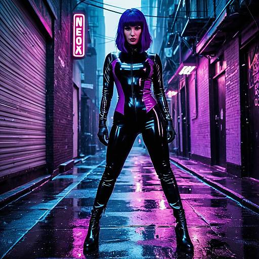 Fierce Neo Noir Street Vigilante in Neon Alley