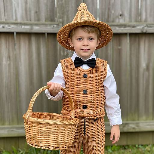 Photograph of a young boy in a woven orange outfit, black bow tie, and hat, holding a wicker basket, standing in front of a