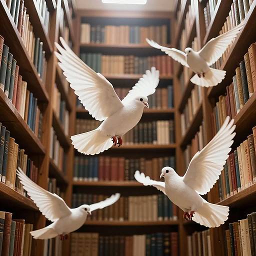 Photograph of four white doves flying between tall, wooden bookshelves filled with colorful, neatly arranged books in a library. Bright light from above
