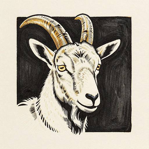Ink drawing of a white goat with curved, brown-tipped horns and yellow eyes, set against a black background.