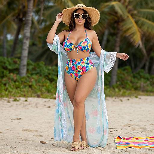 Photograph of a curvy woman with tan skin, wearing a colorful floral bikini, transparent shawl, straw hat, and white sunglasses, standing on