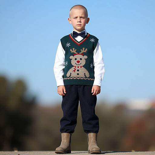 Photograph of a young boy with a bald head, wearing a Christmas-themed sweater with a teddy bear, white shirt, black pants, and brown