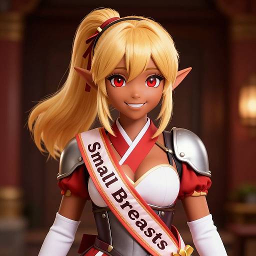 Digital anime-style portrait of a smiling blonde elf with red eyes, wearing a 