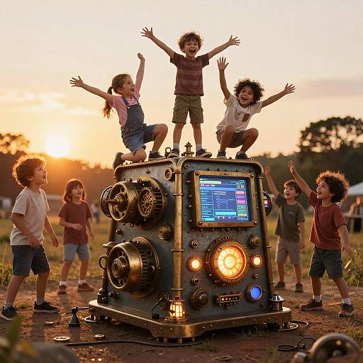 Photograph: Six children with curly hair joyfully stand on and around a steampunk-style robot with glowing lights at sunset.