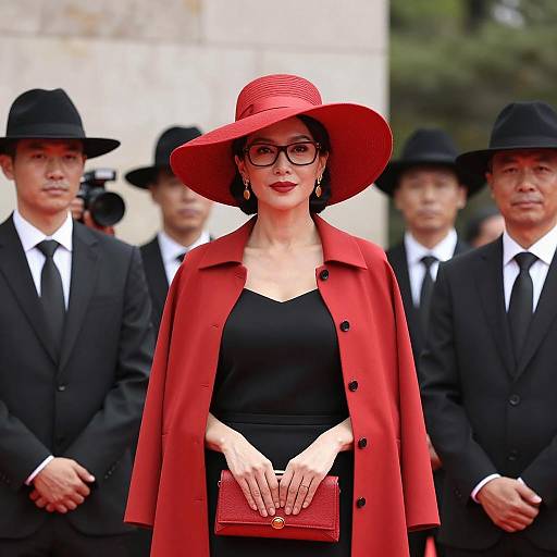 Elegant woman in red hat with security detail