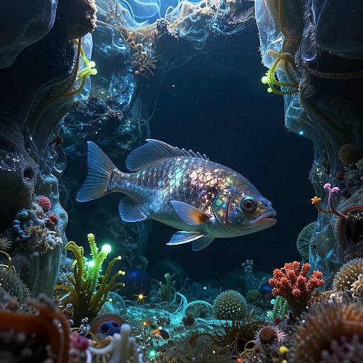 Vibrant underwater photograph of a shimmering blue fish with iridescent scales, surrounded by colorful corals, glowing jellyfish, and illuminated seaw