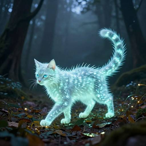Photorealistic digital art of a glowing white cat with luminescent fur, bright blue eyes, and a curved tail, walking through a dark,