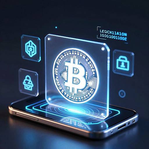 Digital artwork of a glowing, holographic Bitcoin icon over a futuristic smartphone, surrounded by neon blue lock and warning icons.