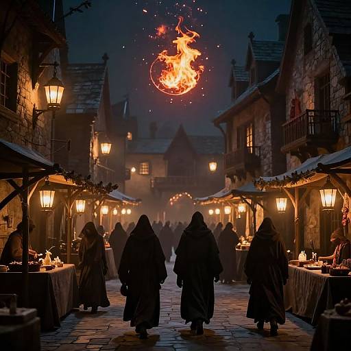 Photograph of a medieval night market, lit by glowing lanterns, with a fiery orb in the sky, cloaked figures walking.