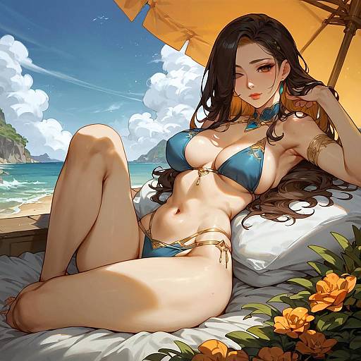 Petite Woman in Bright Bikini by Yacht