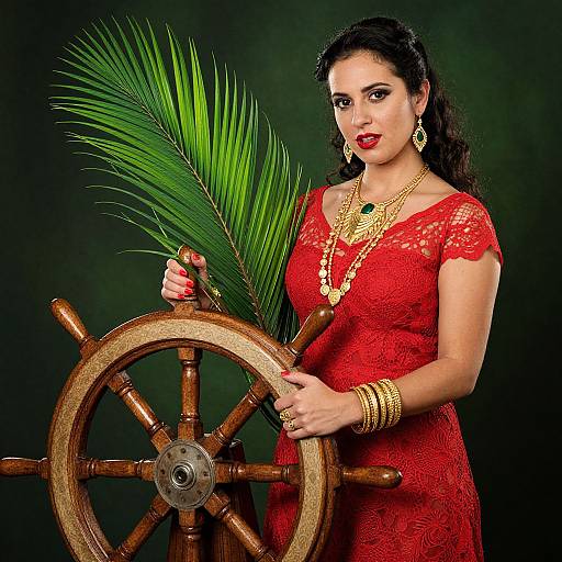 Woman in Red Lace with Ship Wheel